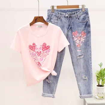 

Summer Fashion Women Set Beading Sequin Print T-shirt + Denim Holes Pants Set Short sleeve Cotton Tops Jeans Outfits 2pc Female