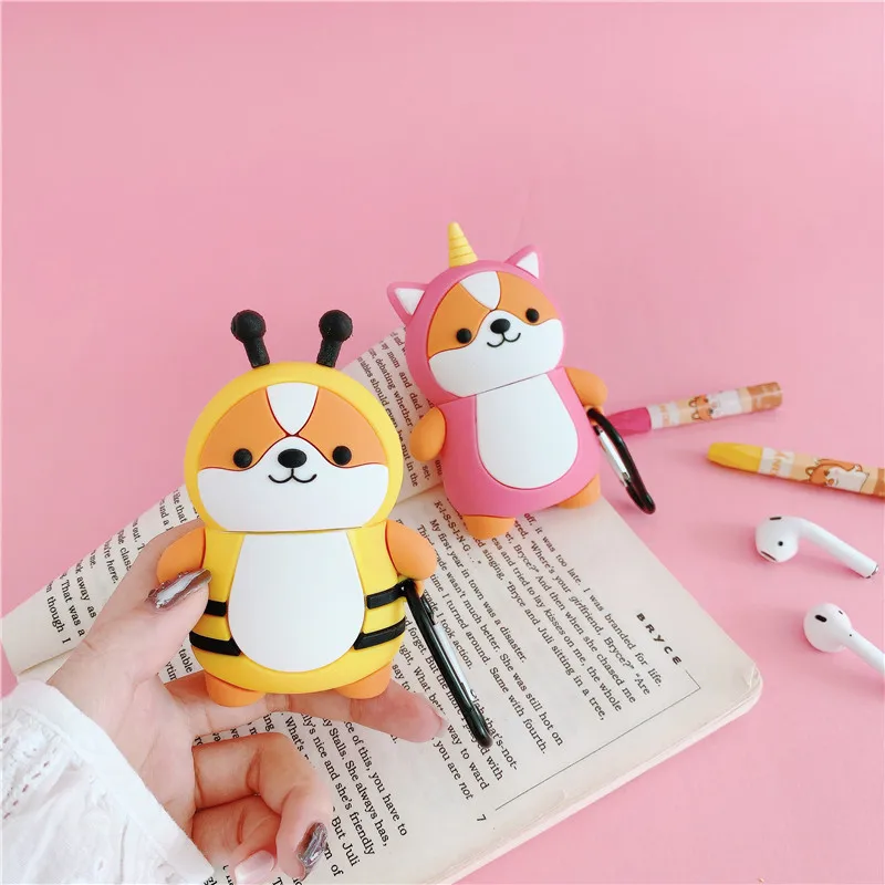 

cute 3D cartoon Keychain Pink Meng Shiba Inu Silicone Earphone Case For Apple new AirPods 1/2 Wireless bluetooth Headset cover