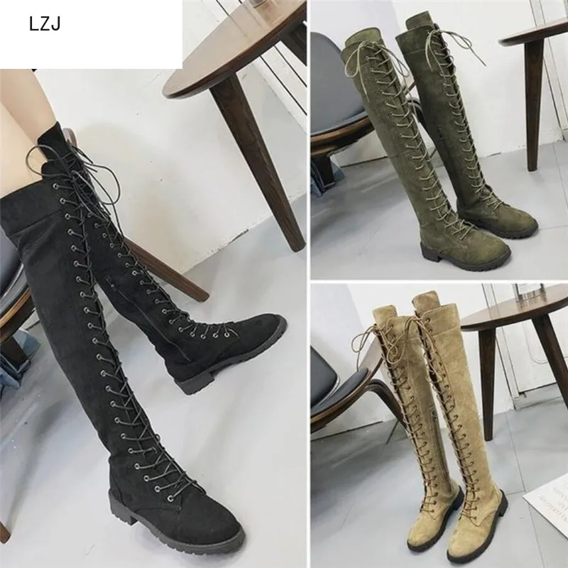 

LZJ Lace Up Over Knee Boots Women rome Boots Women Woman suede long Boots botas mujer invierno 2019 Winter Thigh High Boots