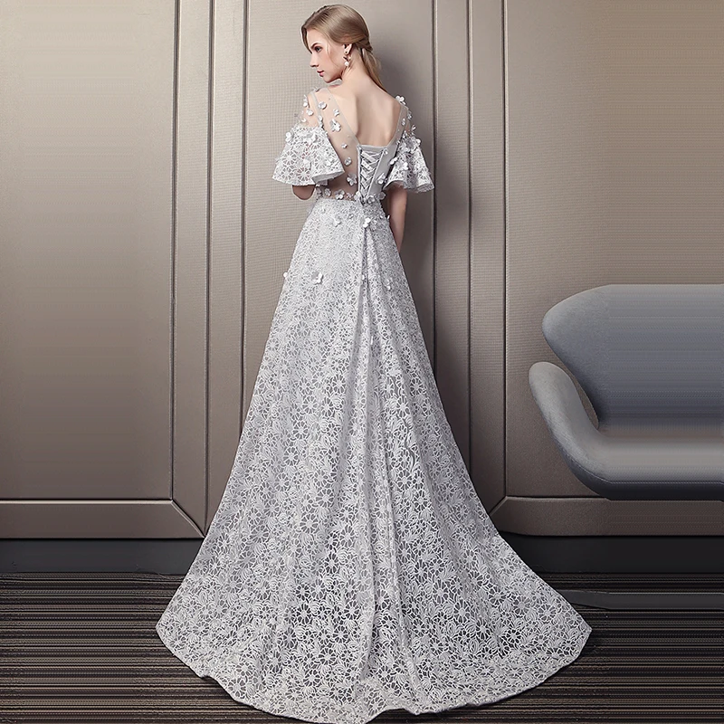 It's Yiiya Lace Evening Dresses O-Neck Short Sleeve Appliques Evening Dresses Long A-Line Plus Size Robe De Soiree K357