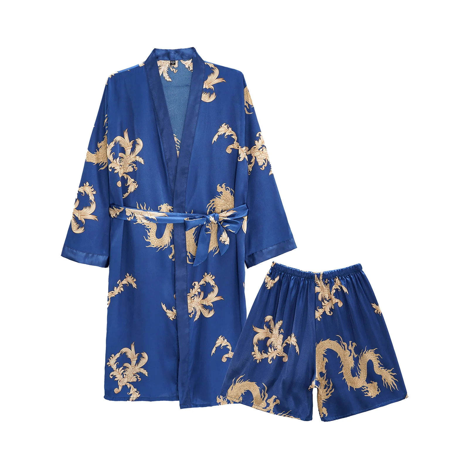 Men's Satin Floral Print Belted Sleep Robe, Imitation Silk Printed