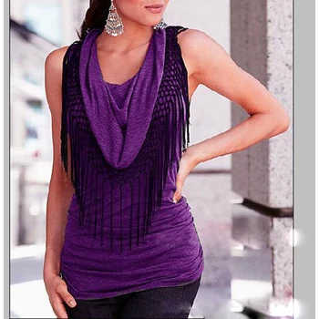 

Women Summer T-Shirt Elegant Ladies Sleeveless O-Neck Shirt Top Harajuku Slim Tees Off Shoulder Tassel T Shirt Plus Size SJ1805V