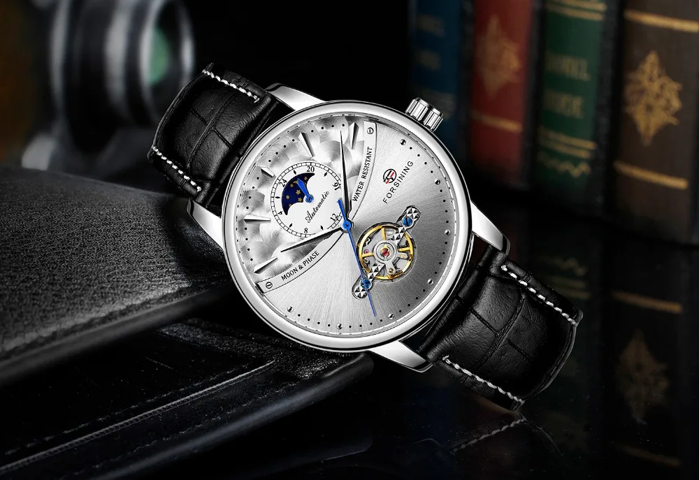 Forsining механические часы для мужчин Автоматический Tourbillon Moon Phase нержавеющая сталь Группа бизнес часы Relogio мужские часы
