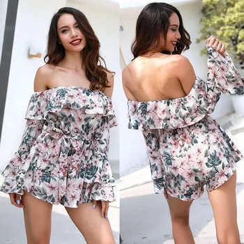 

Europe and America Women's Horizontal Neck Floral Print Long Sleeve Bell Sleeve Of Belt Onesies Streetwear