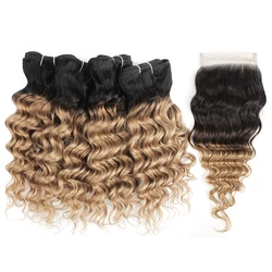 50g/pc 4/6 Bundle with Lace Closure Free Part Deep Wave Ombre Honey Blonde Black Brown Remy Human Hair Bobbi Collection