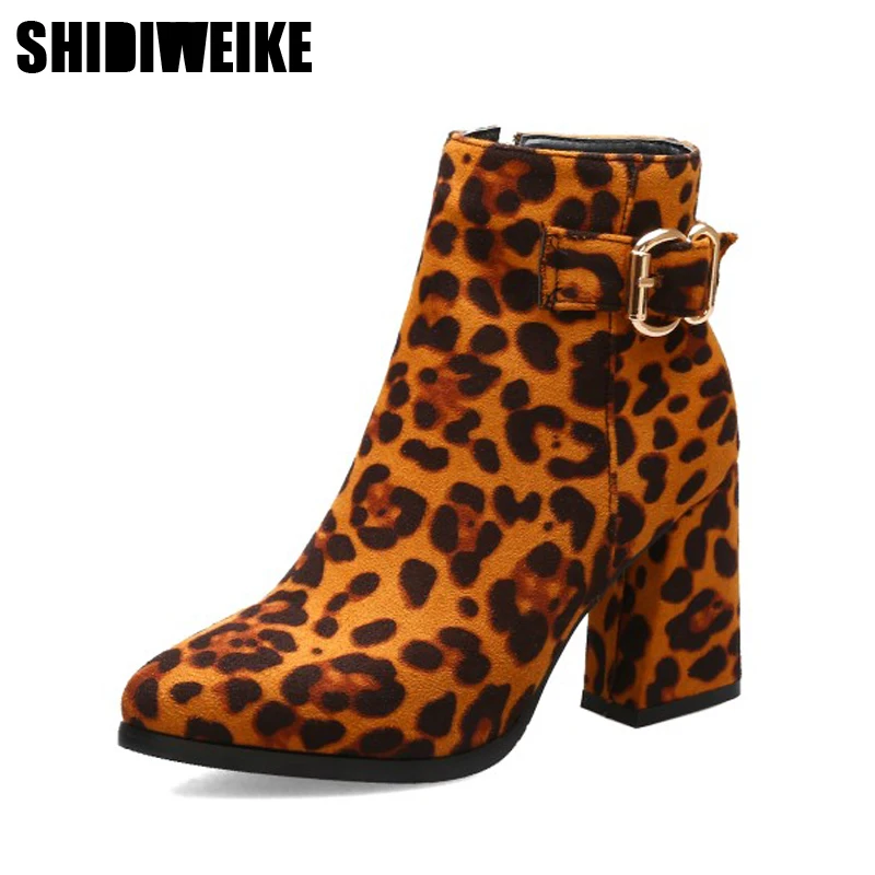 

2020 Newest women ankle boots Leopard autumn winter boots zip buckle pointed toe high heels dress prom shoes ladies J512