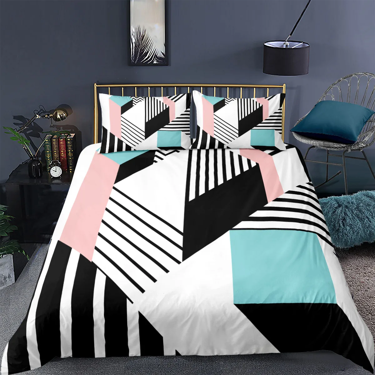 Geometric Splicing Marble Bedding Set Colorful Duvet Cover Abstract Pattern Printed Comforter Bed Set King Size For Girl/Adult