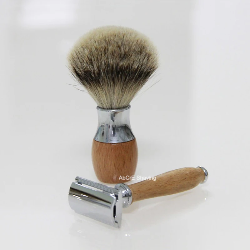 Щетка для бритья из бука и металлической ручки Silvertip Badger с двойным лезвием из нержавеющей стали