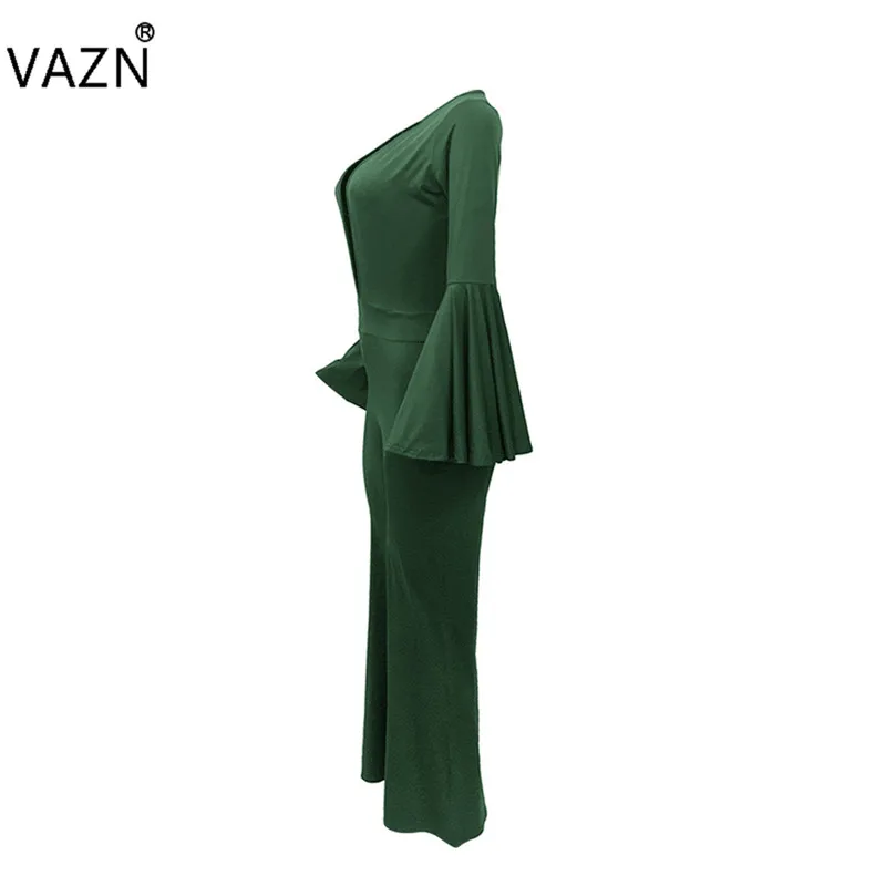VAZN FM1125 продукт летний сексуальный женский 3 цвета комбинезон с широкими расклешенными рукавами комбинезон с v-образным вырезом Женский однотонный обтягивающий шикарный комбинезон