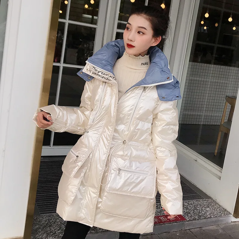 

2020 winter new disposable bright face hooded down jacket women mid-length waist fashion casual slim jacket