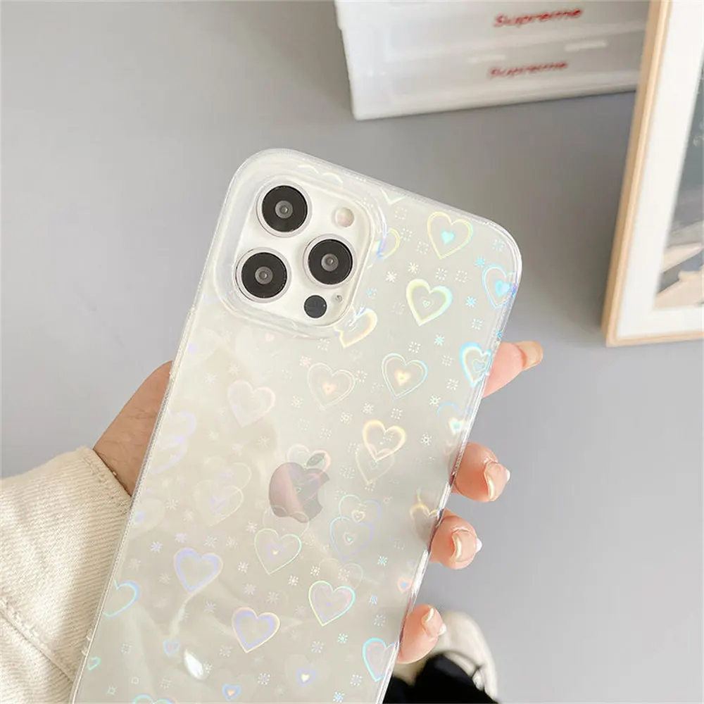 Fashion Gradient Laser Love Heart Pattern Clear Phone Case For iPhone 11 13 12 Pro Max X XS XR 7 8 Plus SE 2020 Shockproof Back