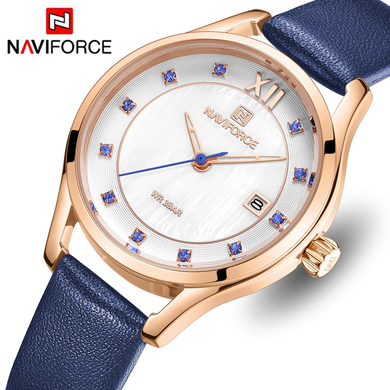 Роскошный бренд NAVIFORCE женские часы Дамская Мода розовое золото синий Кварцевые часы Женские простые кожаные водонепроницаемые наручные часы с отметкой даты