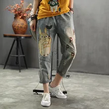 Летние джинсы женские Ретро Свободные повседневные джинсовые брюки женский эластичный пояс карманы Лоскутные персонажи винтажные брюки