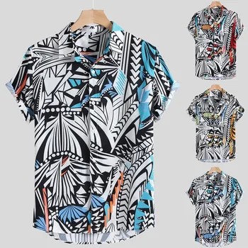 

2020 Summer Mens Hit Color Printing Turn Down Collar Short Sleeve Loose Casual Shirt Beach Tops Mens Shirts Casual Clothes #C12