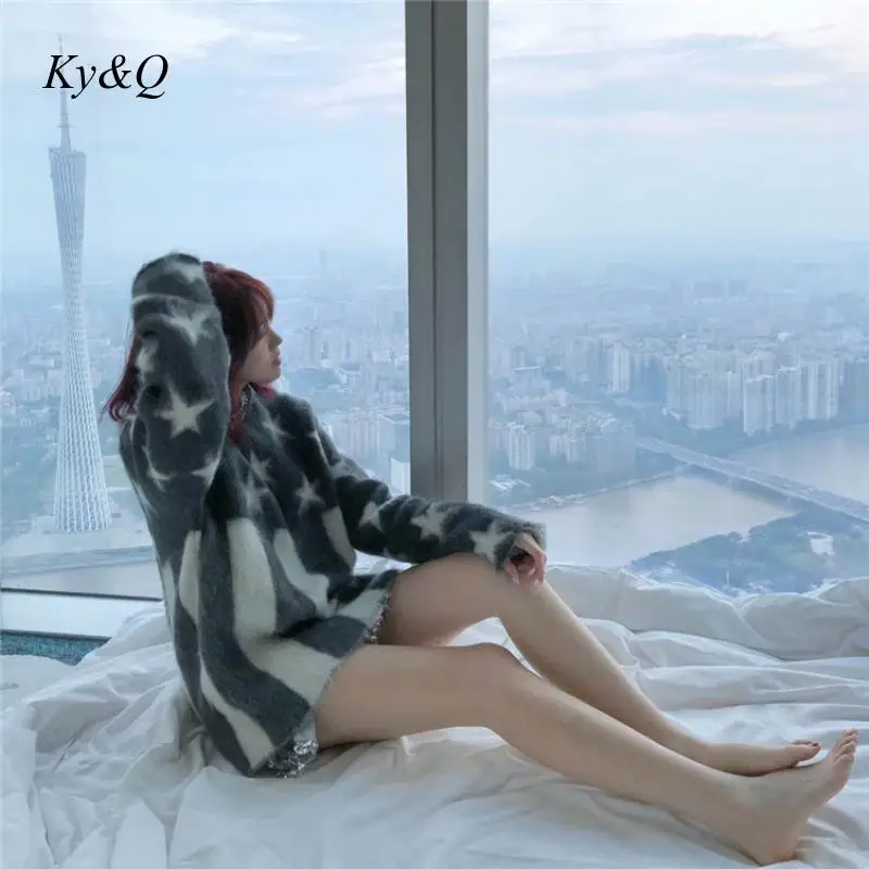 Vintage Runway Luxury Autumn Winter New Stars Mohair Print Long-sleeved Sweater Lazy Wind Thick Sweater Women Pullovers
