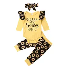 Одежда для маленьких девочек, одежда для детей и малышей, боди для девочек с подсолнухами, штаны, повязка на голову, 3 предмета, хлопковые осенние комплекты одежды