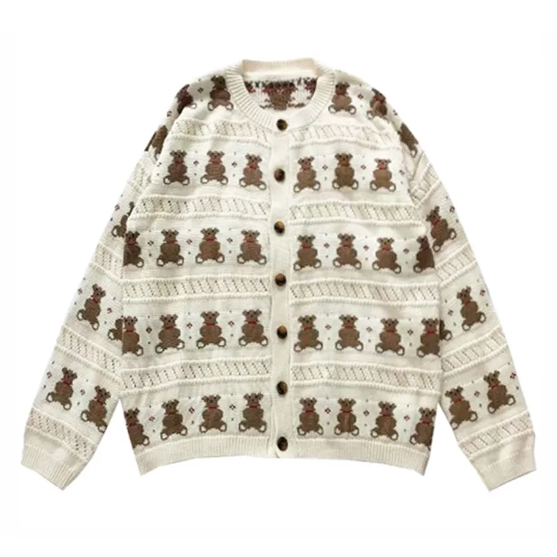 PERHAPS U Women Short Thin Sweater Knitted O Neck Crew Cardigan Button Polka Beige Bear Cartoon Outwear Autumn M0144 |