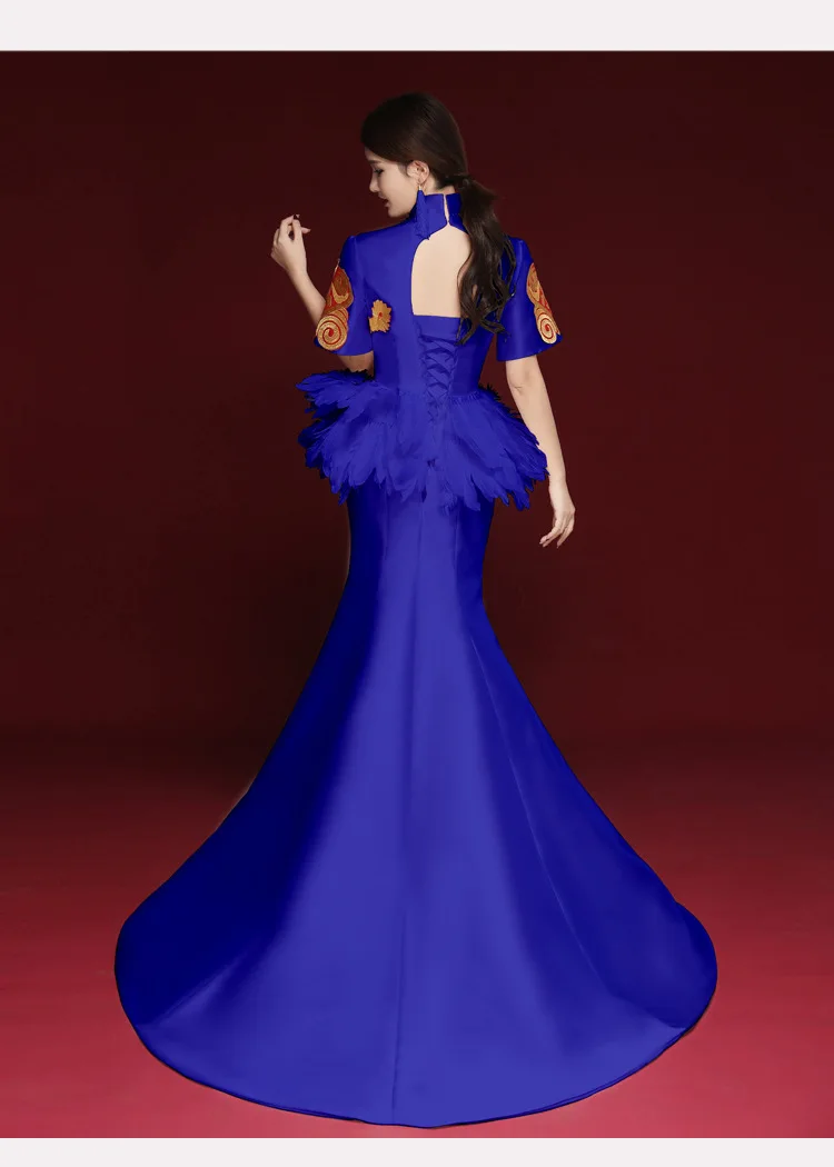 Современный длинный шлейф Cheongsam сексуальный русалка китайский вечерние платья синий вышитый Qipao невесты Восточный свадебное платье