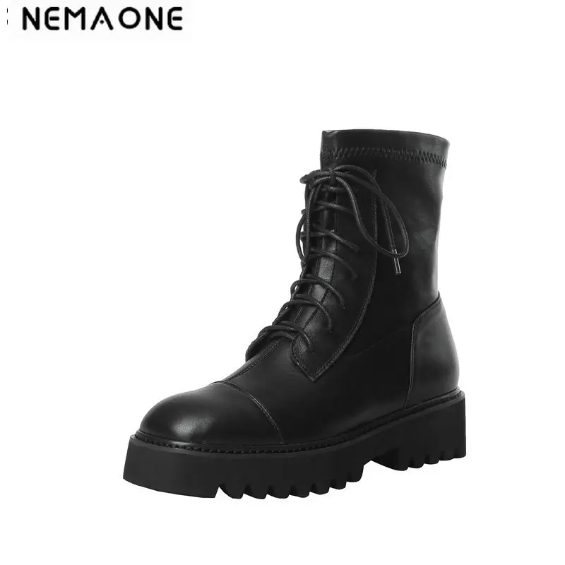 

NEMAONE Genuine Leather Women ankle Boots med heels platform Boots Party Night Club Motorcycle Boots Ladies Shoes Woman