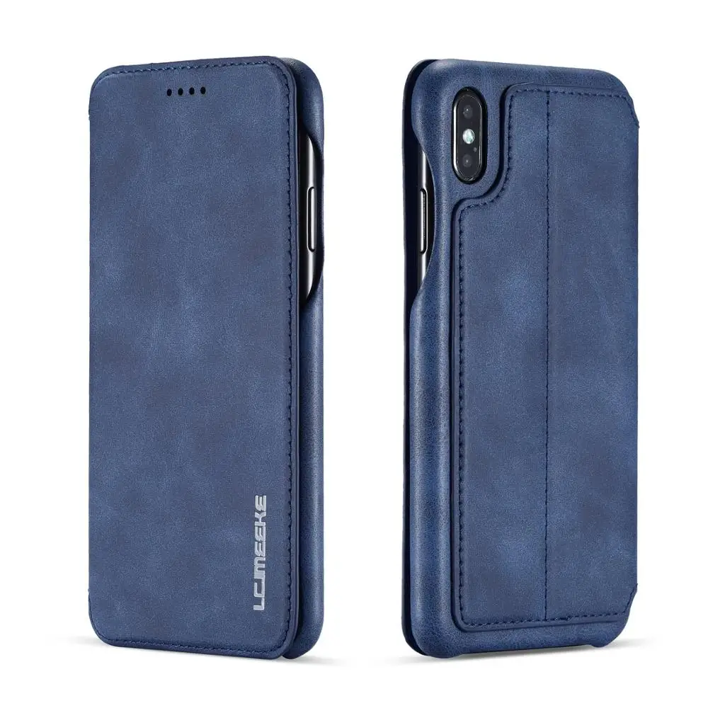 Роскошный кожаный чехол-книжка для iPhone 11 Pro Max 11 Pro, Жесткий Чехол из поликарбоната со слотом для карт, кожаный чехол-сумка для iPhone XS Max XR XS X 7 8 6S Plus - Цвет: Синий