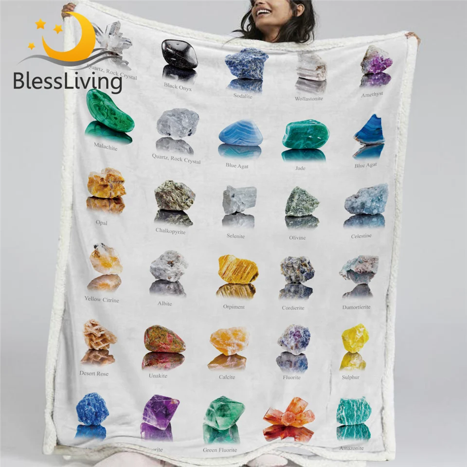 

BlessLiving Crystal Plush Bedspread 3D Colorful Sherpa Fleece Blanket Gemstone Mineral Collection Plush Bedding Bed Blanket Koce
