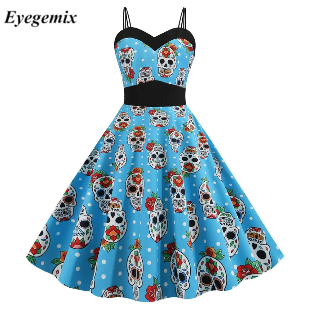 

Halloween Party Vintage Pin Up Midi Women Dress Sexy Skull Pumpkin Print High Waist Spaghetti Strap Dresses Vestidos Plus Size