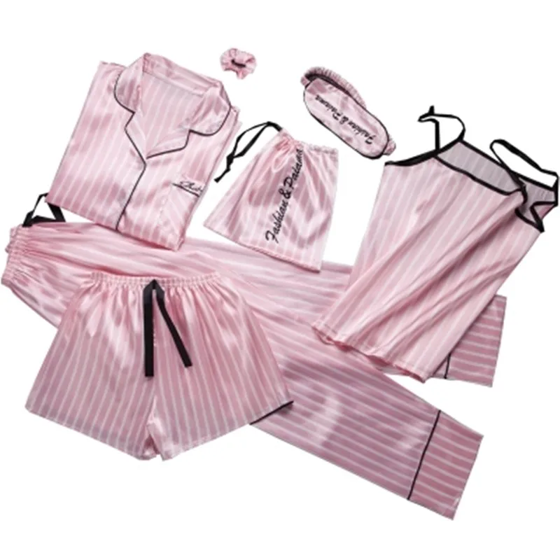 Пижамы, 8 шт./комплект, розовая пижама в полоску, атласная пижама для женщин, домашняя одежда для сна с вышивкой неглиже, Пижамный костюм