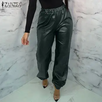 

2020 ZANZEA Women Elastic Waist PU Leather Pants Casual Solid Harem Pants Plus Size Pantalon Long Trousers Spring Streetwear