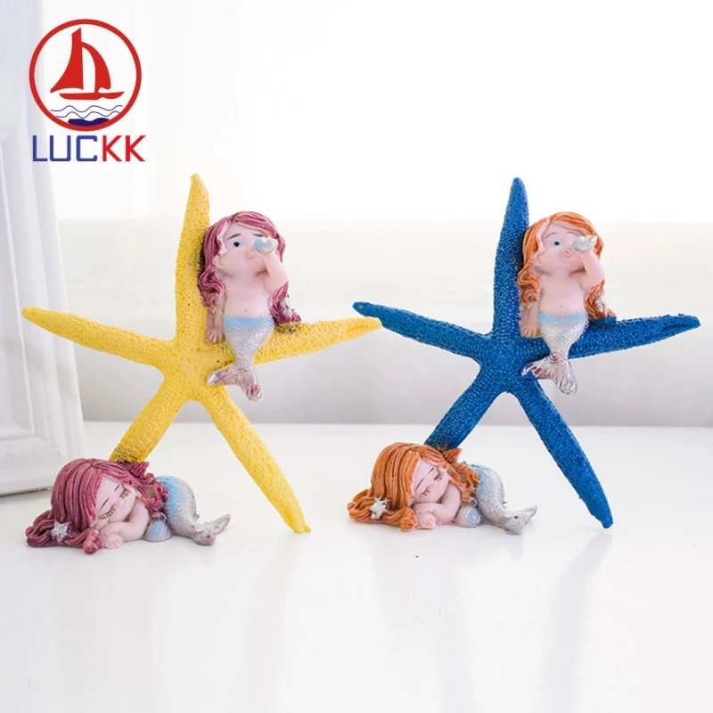 

LUCKK 13CM Mediterranean Style Mermaid With Starfish Figurine Creative Resin Marine Wedding Decor Crafts Kid Room Gifts Ornament