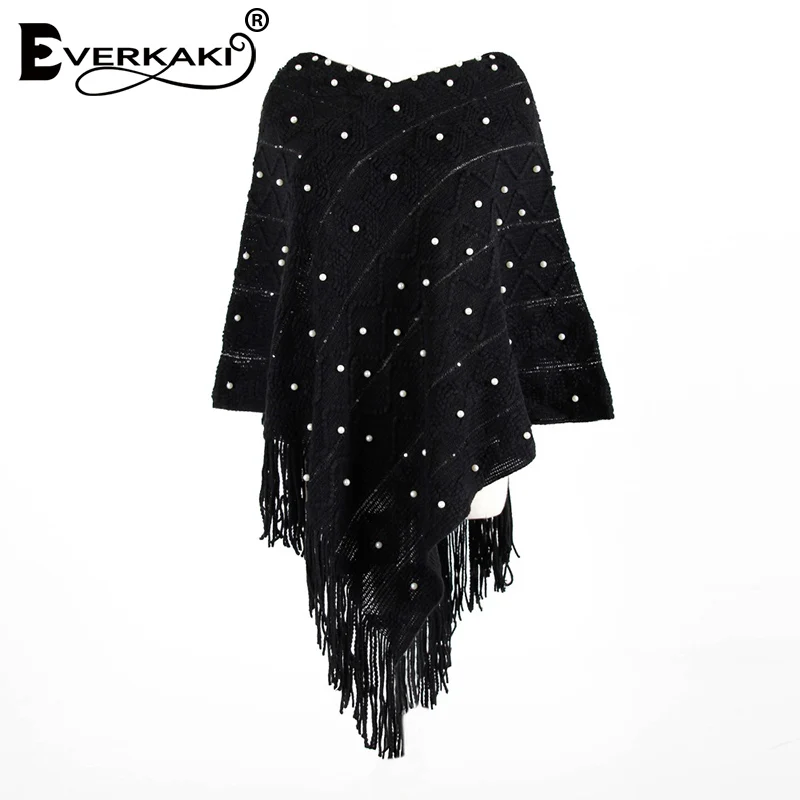 Black Everkaki Boho кисточка вязаная накидка свитер-накидка женский однотонный бисер Прикрепленный Свободный плащ пальто свитер женский осень зима - Color: Black
