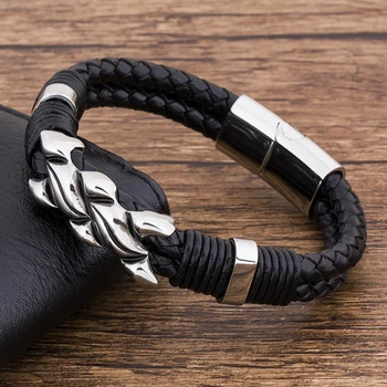 Charm Fashion New Braided Magnetic Rock Punk Black Rope Genuine Leather Bracelet Men Accessories Jewelry Couple Friendship