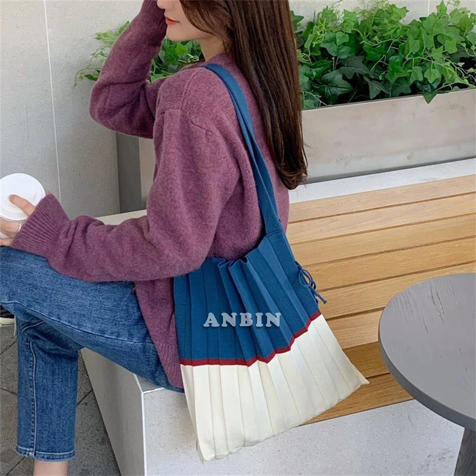 Women's Folding Pleat Shoulder Handbag Design Contrast Woolen Knitted Fabric Organ Bag Female Three Color Stitching Shopper Tote