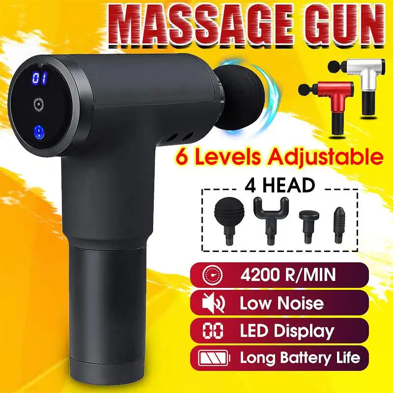 

2000mah LCD 6 Gears Muscle Massage Gun Deep Tissue Massager Therapy Gun Exercising Muscle Pain Relief Body Shaping with 4 Heads
