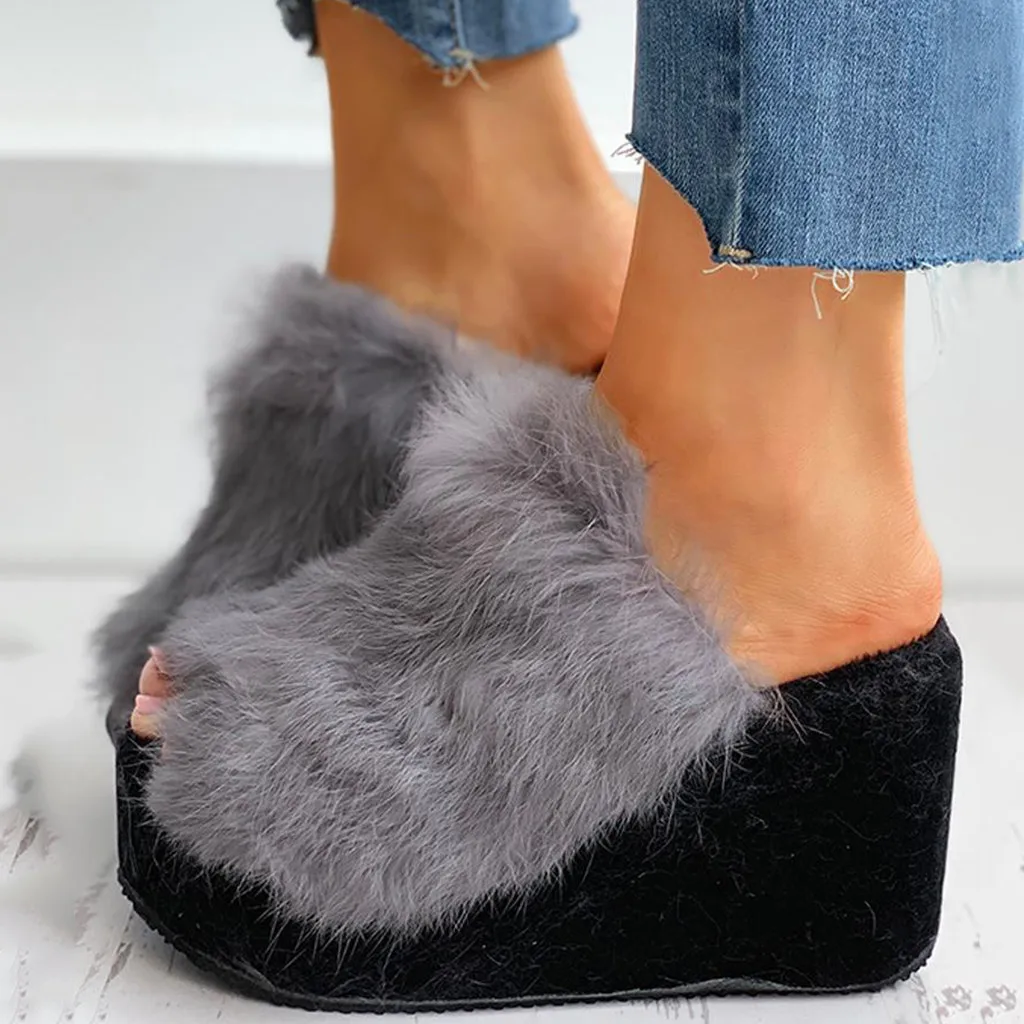 2020 Furry Slides Women Slippers Platforms Sandals Wedges Casual Peep Toe Flip Flops Plush | Обувь