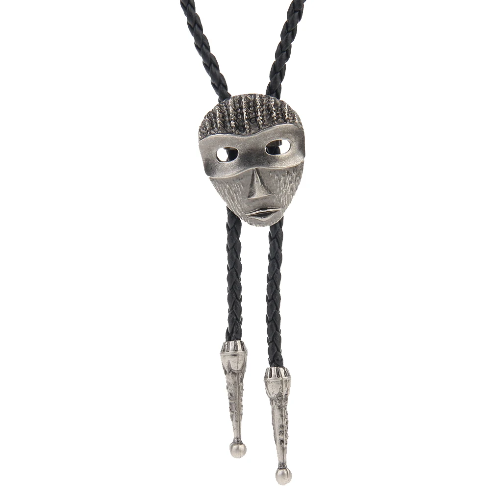 American Native Black PU Leather Cord Western Cowboy Bolo Tie with Bola Pendant Necklace