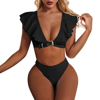 

Ladies two-piece Split Swimsuit Sexy Special Metal Buckle Ruffle V-neck Backless Bikini Women Beach Bathing Suit Swimwear