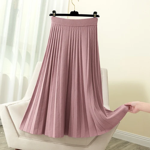 Розовый Autumn Winter Cashmere Blend Candy Pleated Long Knitted Skirts Solid Pink/Blue/Green Sweet A-line Pleated Mid Calf Knit Skirts - Цвет: Розовый
