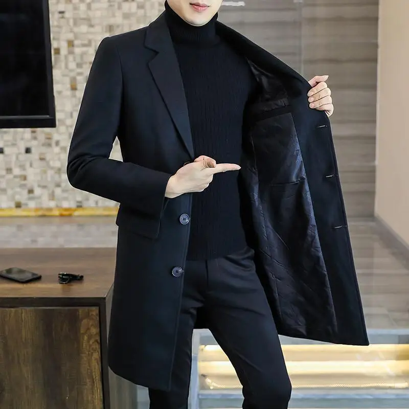 Business Casual Slim Fit Gentleman Long Overcoats Mens Grey Long Blazers  Jackets Mens Black Winter Woolen Trench Coats Elegant
