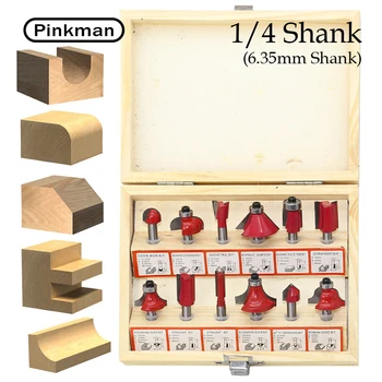 

Pinkman 12pcs 1/4" 6.35mm Router Bits Set Woodworking Milling Wood Cutting Grinding Drill Bits With Wooden Box Wood Tool Cutter