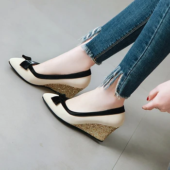 

JOUIR TALONS 2020 Dropship Big Size 43 Women Shoes Woman Sweet Flock Top Quality Pointed Toe Slip On Wedges High Heels Pumps