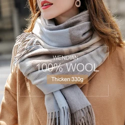 100% Lamb Wool Scarf Women Thicken Warm Shawls Wraps Checkered Pashmina Foulard Femme Winter Plaid Cashmere Scarves Bufandas