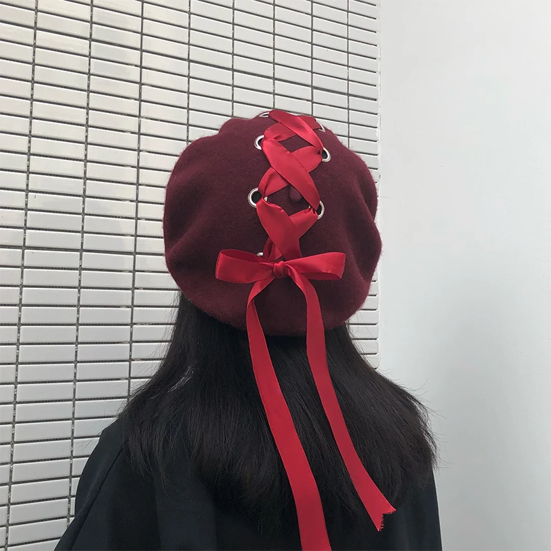 H3543, женский шерстяной берет, Корейская шапка Harajuku с перекрестной повязкой, вязаная шляпа с бантом, Осень-зима, для художника, высокое качество, модные женские шапки на ремешке