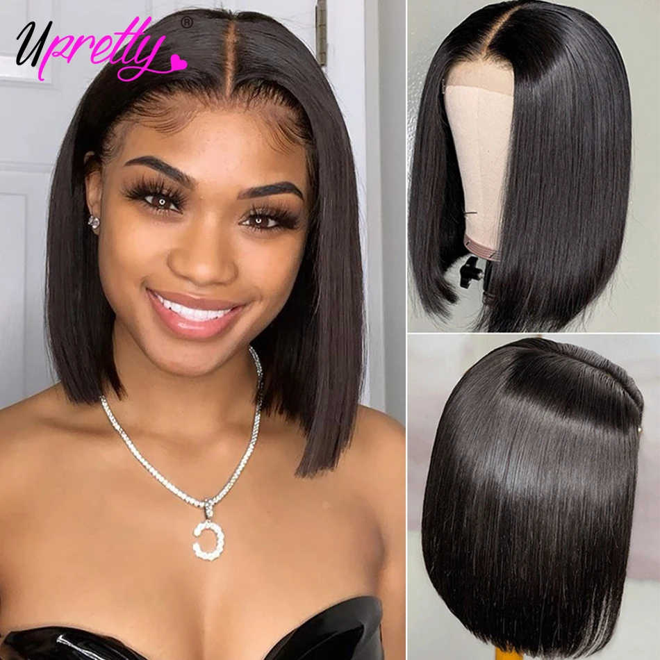 Upretty Bob cabello pelucas delanteras de encaje Pre arrancado brasileño recto peluca Frontal de encaje Remy del cabello humano del frente del Bob corto pelucas