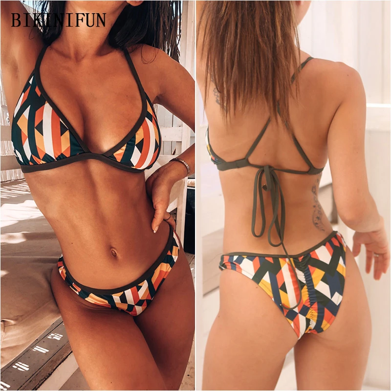 

2020 New Sexy Colorful Checkered Swimwear Women Triangle Bralette Swimsuit Backless Bathing Suit S-XL Girl Low Waist Bikini Set