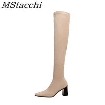 

Mstacchi 2020 New Designer Women Over-the-knee Elasticity Boots Stovepipe Artifact Pointed Square Heel Madam Shoes Botas Blancas