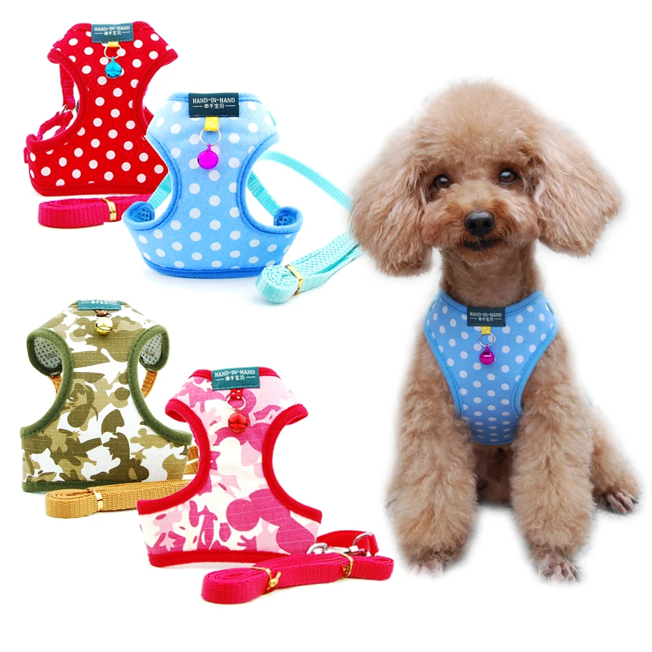 

Dog Cat Polka Dot Print Cotton Harness Vest Pet Adjustable with Bell Walking Leash for Puppy Mesh Harness for Small Medium Dog