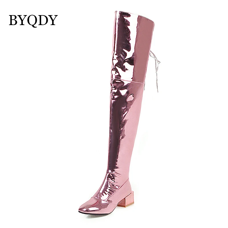 Pink BYQDY/Роскошные брендовые Ботинки женские зимние сапоги выше колена из искусственной кожи на очень высоком каблуке, на шнуровке, с застежкой-молнией сбоку размер 48 - Цвет: Pink