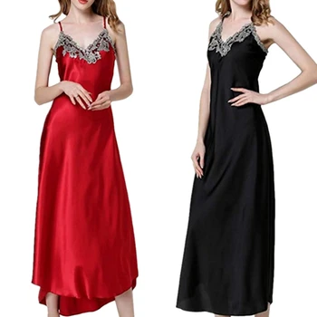 

Women Satin Long Nightdress Silk Lace Sexy Lingerie Nightgown Spaghetti Strap Sleeveless Sexy Sleepwear Nightie Sleep Lounge