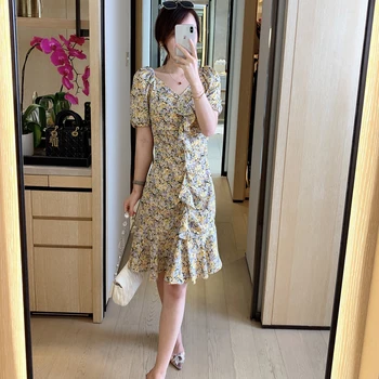 

Runway Bohemian Retro Print Floral Sexy V-Neck Ruffled Short Sleeve Elegant Temperament Slim Slim Dress New Style High Quality