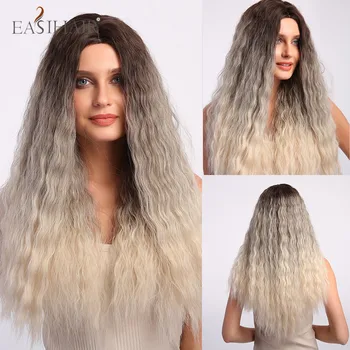 

EASIHAIR Ombre Blonde Balck Ash Long Curly Deep Wave Hairline Lace Part Synthetic Wigs for Black Women Cosplay Heat Resistant